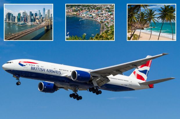An image collage containing 4 images, Image 1 shows British Airways Boeing 777 plane approaching London Heathrow, Image 2 shows Aerial view of the Brooklyn Bridge and the downtown Manhattan skyline, Image 3 shows Aerial view of Soufriere, St. Lucia, showing colorful buildings along the coast and boats in the harbor, Image 4 shows Palm trees on a tropical beach in Barbados