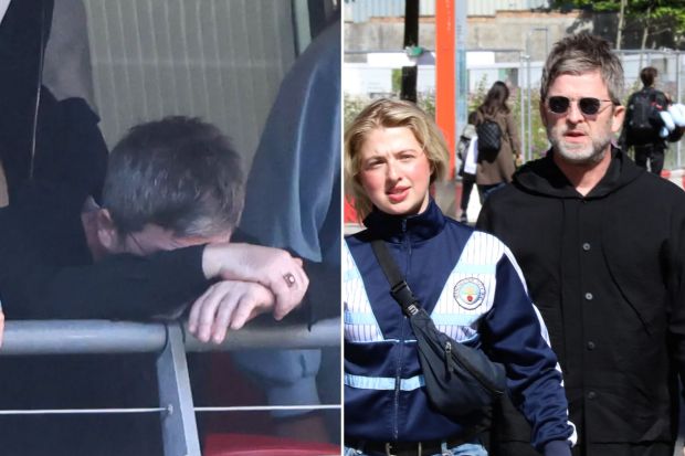 An image collage containing 2 images, Image 1 shows Noel Gallagher dejected after a missed penalty, Image 2 shows Noel Gallagher and his daughter Anais walking near Wembley Stadium