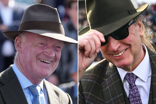An image collage containing 2 images, Image 1 shows Willie Mullins smiling and wearing a hat, Image 2 shows Rich Ricci celebrating a horse race win