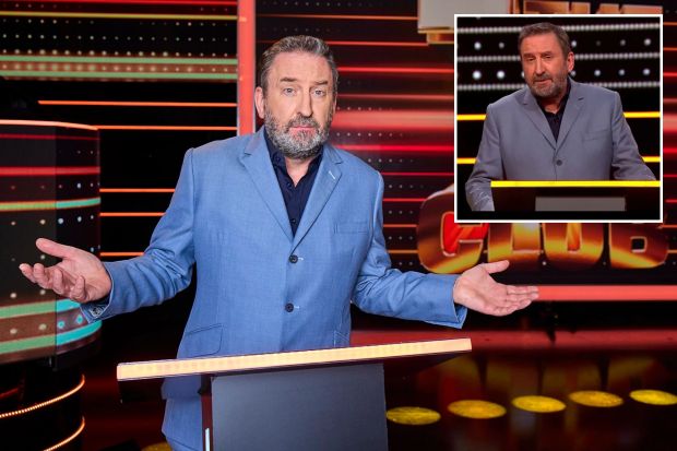 An image collage containing 2 images, Image 1 shows Lee Mack hosting The 1% Club, Image 2 shows A man in a suit stands at a podium