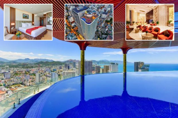 An image collage containing 4 images, Image 1 shows Infinity pool overlooking a city and ocean, Image 2 shows Aerial view of Regalia Gold Hotel, Image 3 shows Hotel room with king-size bed and city view, Image 4 shows Regalia Gold Hotel lobby with reception desk and seating area