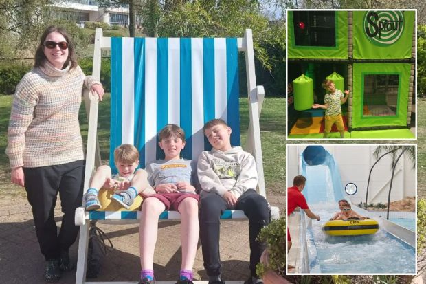 An image collage containing 3 images, Image 1 shows A woman and three children sitting in a large deck chair, Image 2 shows Boy in soft play area at a Sprout location, Image 3 shows Lifeguard watching children go down a water slide in a yellow tube