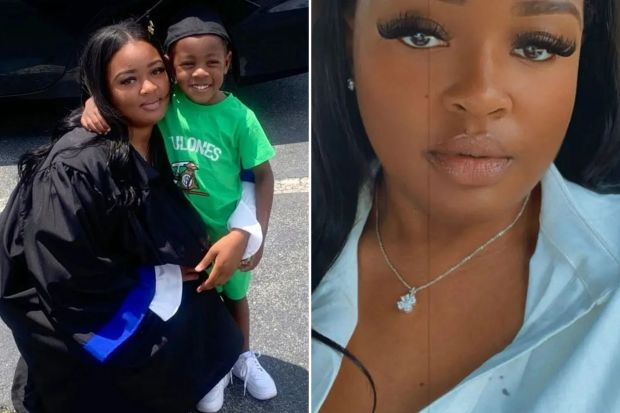 An image collage containing 2 images, Image 1 shows A graduating woman in a cap and gown embraces her young child, Image 2 shows Close-up of Adriana Smith, 9 weeks pregnant, on life support