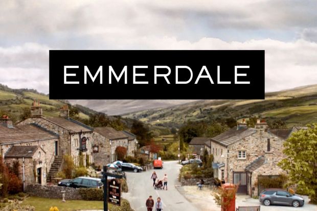 An image collage containing 1 images, Image 1 shows Emmerdale title card over a village scene