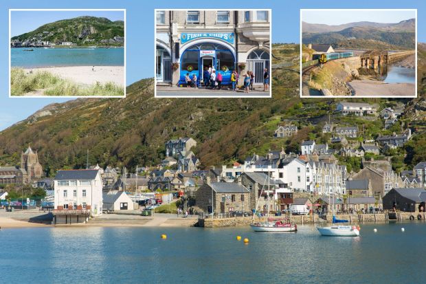 An image collage containing 4 images, Image 1 shows Barmouth, Wales: a coastal town nestled against a hillside, with boats in the harbor, Image 2 shows Beach at Penrhyn Point, Barmouth, with boats and a child playing on the sand, Image 3 shows Queue of people outside The Mermaid fish and chips shop, Image 4 shows Train crossing Barmouth railway viaduct over the Mawddach estuary