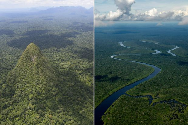 An image collage containing 2 images, Image 1 shows Aerial view of a forested mountain range, Image 2 shows Aerial view of the Amazon rainforest with a river