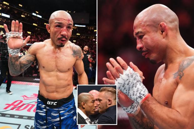 An image collage containing 3 images, Image 1 shows Jose Aldo reacting after a UFC featherweight bout, Image 2 shows Jose Aldo reacting after a UFC featherweight bout loss, Image 3 shows Jose Aldo and Conor McGregor face off at a UFC event