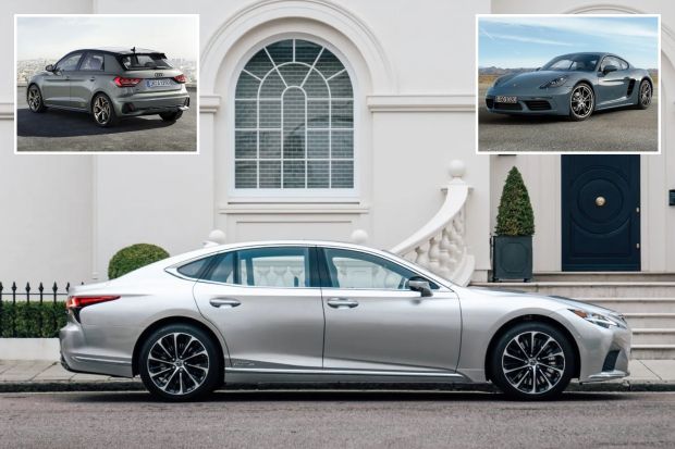 An image collage containing 3 images, Image 1 shows Silver Lexus LS sedan parked on a residential street, Image 2 shows Rear view of a gray Audi A1 Sportback parked on a rooftop overlooking a city, Image 3 shows Porsche Cayman parked on a road