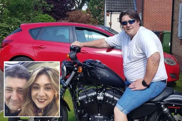 An image collage containing 2 images, Image 1 shows Man sitting on a Harley-Davidson motorcycle, Image 2 shows Photo of Karl Edgeller and his daughter Karlynn West