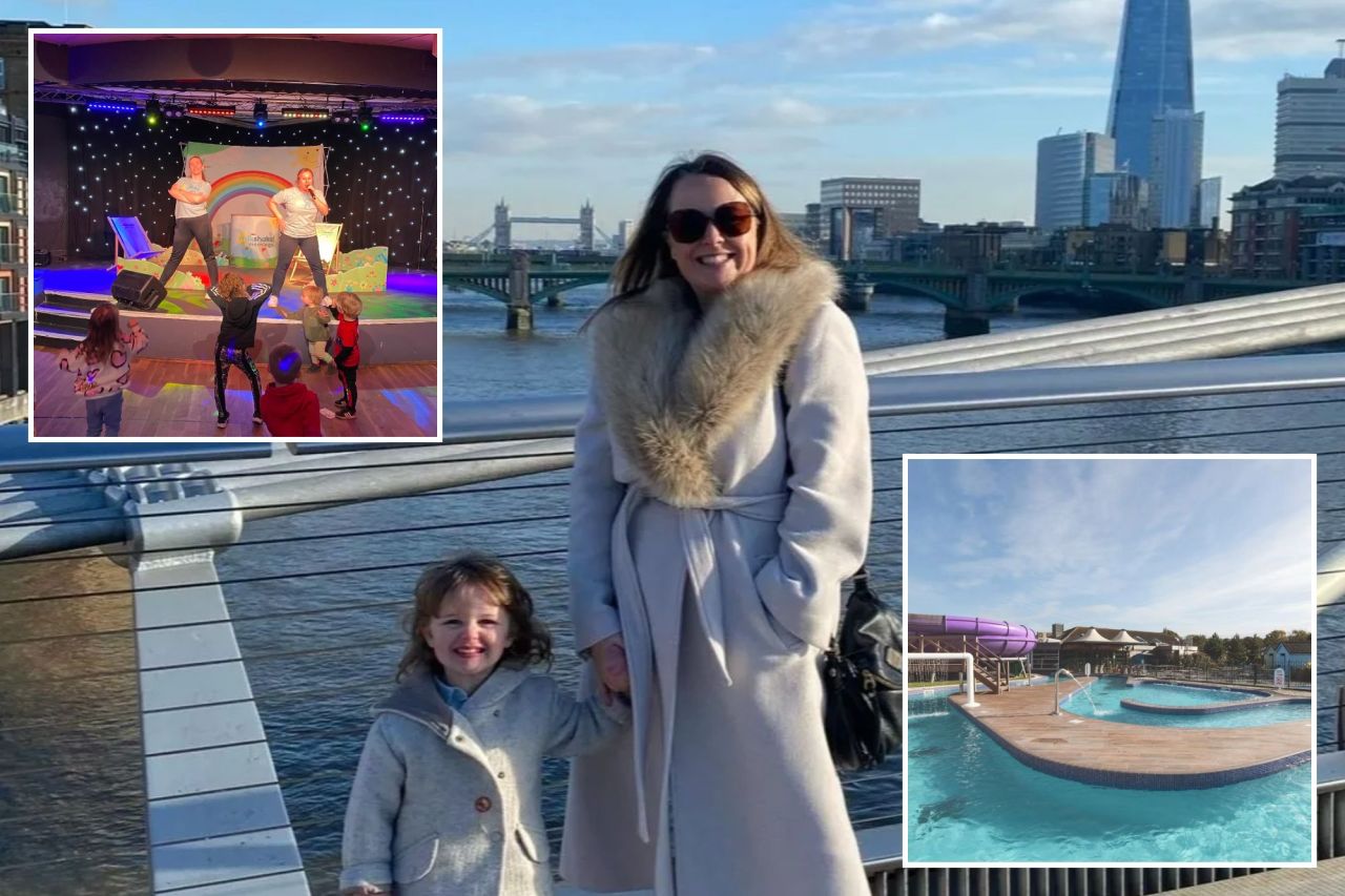 An image collage containing 3 images, Image 1 shows Woman and child on a bridge in London, with the Shard in the background, Image 2 shows Outdoor pool complex with purple water slide, Image 3 shows Two women performing on stage for children