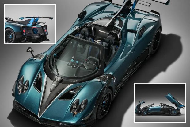 An image collage containing 3 images, Image 1 shows Pagani Zonda Unico, a teal custom sports car, Image 2 shows Rear view of a blue Pagani Zonda, Image 3 shows Pagani Zonda Unico with doors and hood open