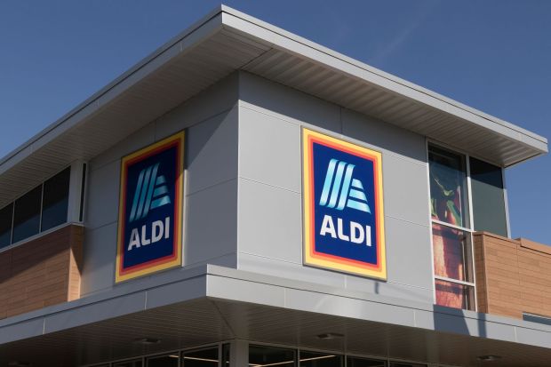 An image collage containing 1 images, Image 1 shows Aldi supermarket exterior with logo