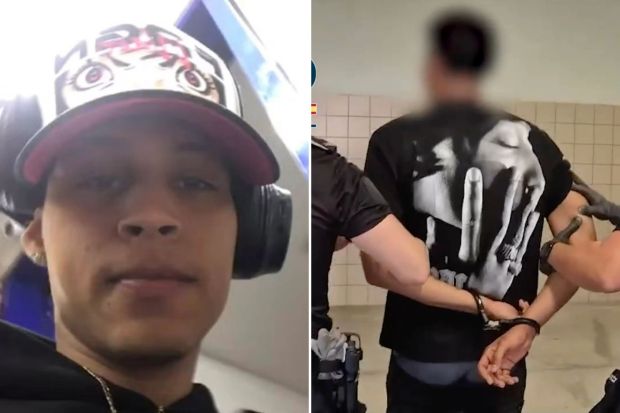 An image collage containing 2 images, Image 1 shows Close-up photo of a young man wearing a hat and headphones, Image 2 shows Arrest of a gang member by Spanish National Police