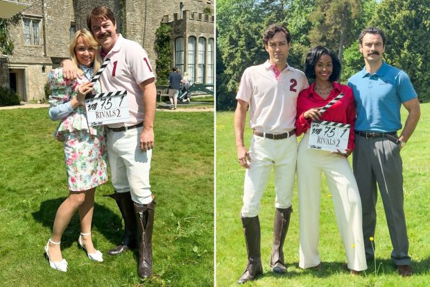 An image collage containing 2 images, Image 1 shows Danny Dyer and a woman holding a clapperboard for Rivals 2, Image 2 shows Danny Dyer filming Rival 2