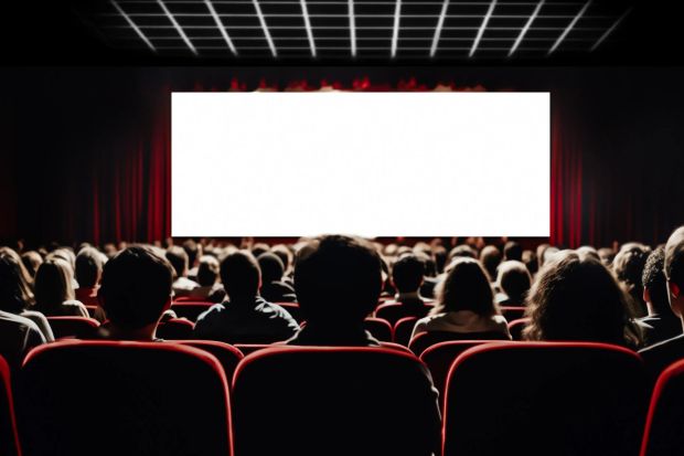 An image collage containing 1 images, Image 1 shows Audience watching a blank movie screen in a cinema