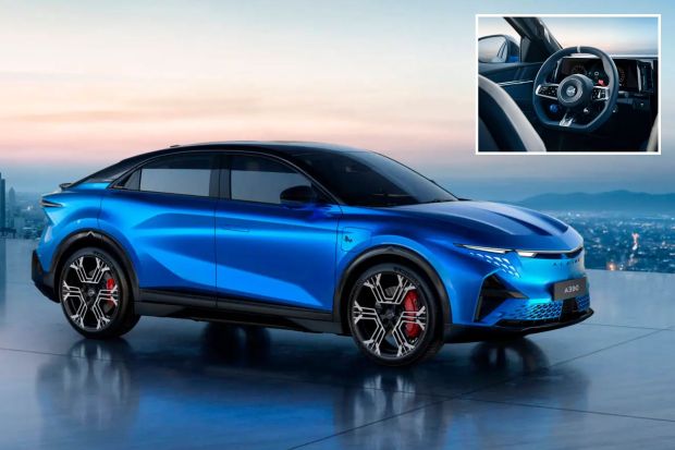 An image collage containing 2 images, Image 1 shows Blue Alpine A390 electric SUV parked on a rooftop overlooking a city, Image 2 shows Alpine A390 interior: steering wheel and dashboard