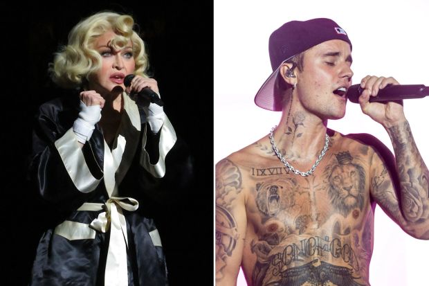 An image collage containing 2 images, Image 1 shows Madonna performing at Madison Square Garden, Image 2 shows Justin Bieber performing at a music festival