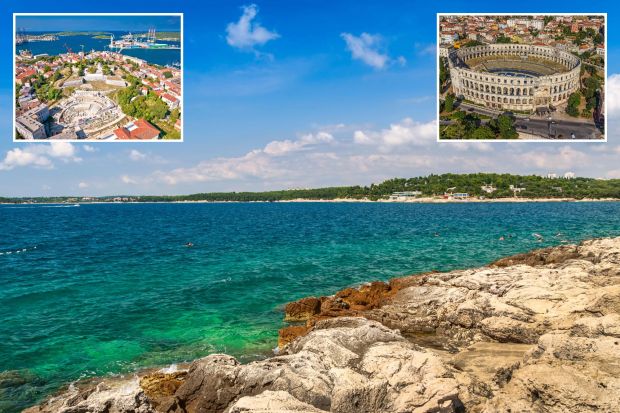 An image collage containing 3 images, Image 1 shows Parasailing over a rocky beach in Pula, Croatia, Image 2 shows Aerial view of the Roman amphitheatre in Pula, Croatia, Image 3 shows Aerial view of Pula, Istria, showing a defense fortress and the bay
