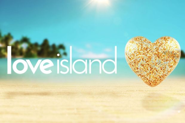 An image collage containing 1 images, Image 1 shows Love Island logo with gold glitter heart, on a beach background