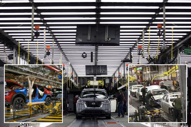An image collage containing 3 images, Image 1 shows Nissan vehicles undergoing final inspection on a production line, Image 2 shows Car bodies on a production line at a Nissan factory, Image 3 shows Workers assembling Jaguar XJ cars on a production line