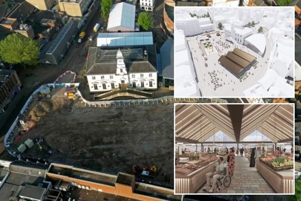 An image collage containing 3 images, Image 1 shows Leicester Market in Leicester, England, Image 2 shows Illustration of a town square's proposed redesign, Image 3 shows Illustration of a town centre market with produce stalls and shoppers