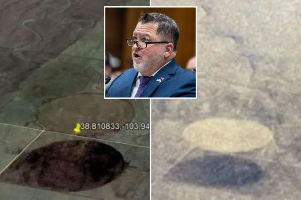 An image collage containing 3 images, Image 1 shows Aerial view of farmland with circular patterns, Image 2 shows Photo of a flying saucer, Image 3 shows Luis Elizondo testifying at a U.S. Capitol hearing on unidentified anomalous phenomena