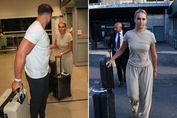 An image collage containing 2 images, Image 1 shows Molly Mae and Tommy Fury arriving at an airport with luggage, Image 2 shows Molly Mae and Tommy Fury arriving at an airport