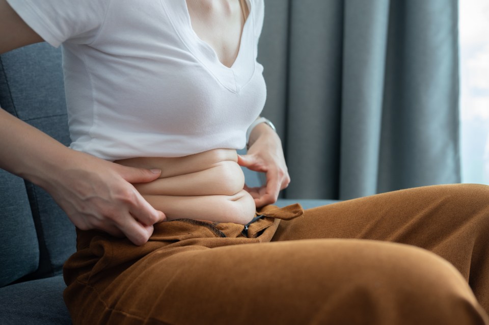 Woman pinching her overweight abdomen.