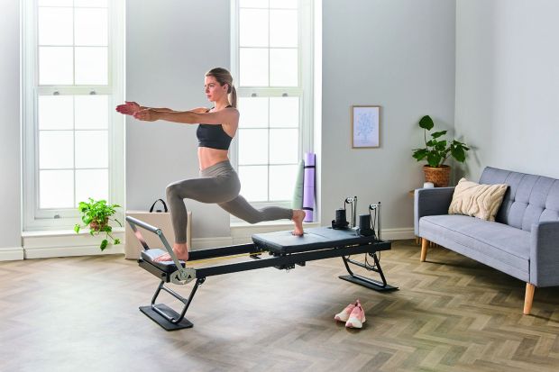 An image collage containing 1 images, Image 1 shows Woman doing Pilates on a reformer