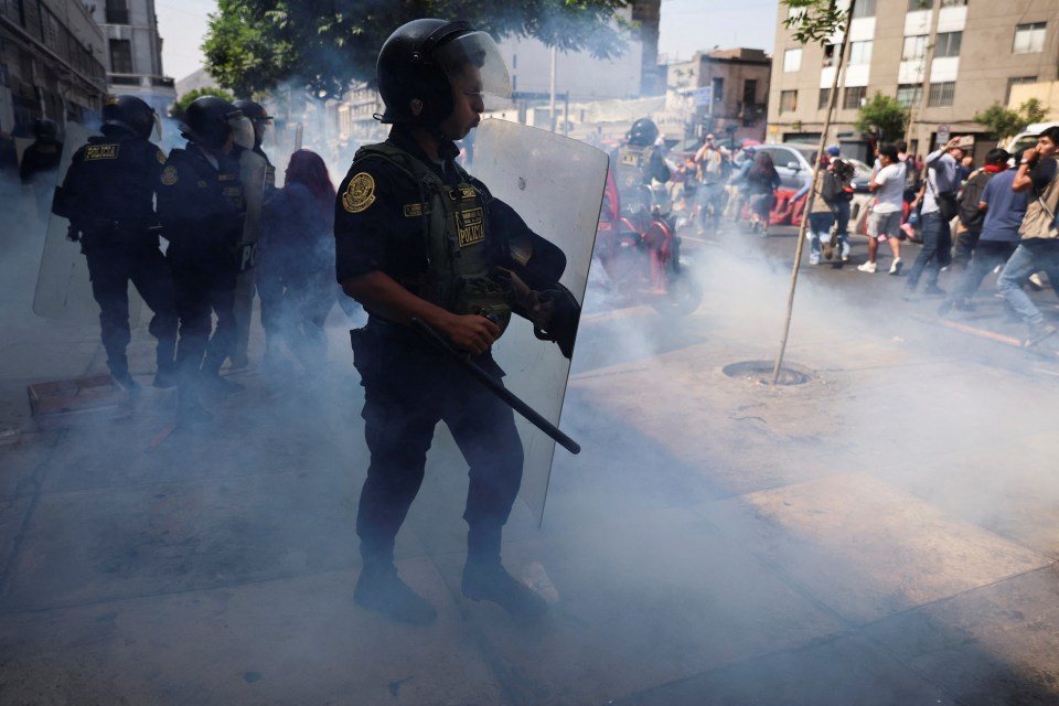 Police officer using a riot shield to disperse demonstrators with tear gas.