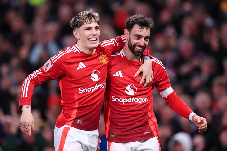 Manchester United's Bruno Fernandes and Alejandro Garnacho celebrating a goal.