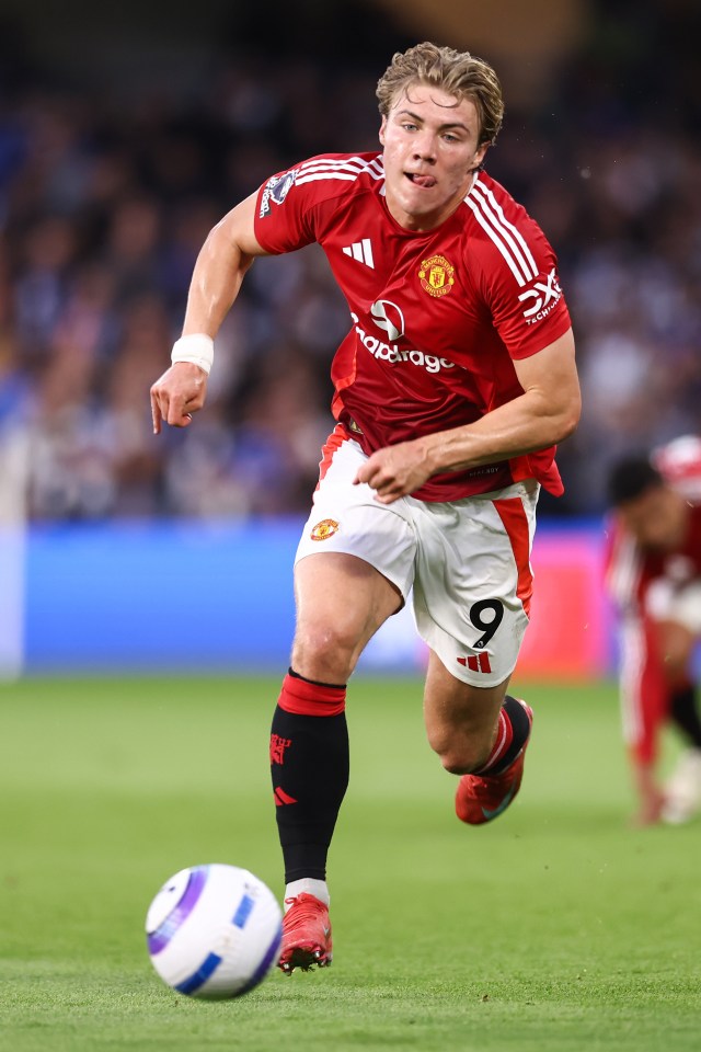Rasmus Hojlund of Manchester United running with the ball during a Premier League match.