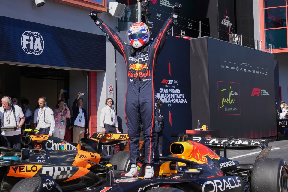 Max Verstappen celebrating his Formula 1 victory in Imola.