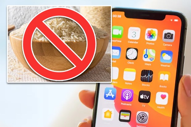 Collage of a bowl of rice with a no symbol over it and an iPhone displaying various apps.