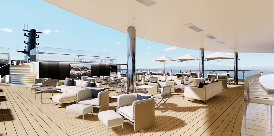 Rendering of the Ritz-Carlton Yacht Luminara's outdoor lounge area.