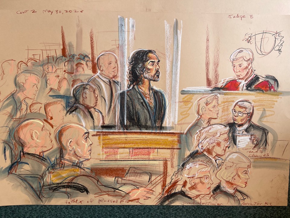 Courtroom sketch of Russell Brand.