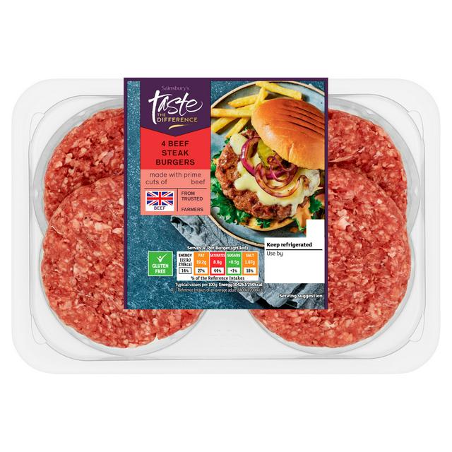 Package of four beef steak burgers.