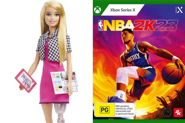 An image collage containing 2 images, Image 1 shows Barbie doll with a prosthetic leg, holding a tablet and architectural plans, Image 2 shows NBA 2K23 Xbox Series X game cover