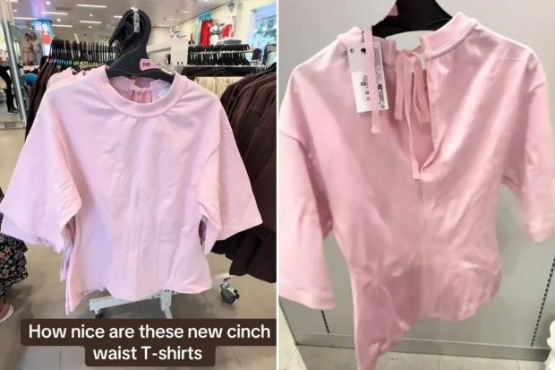 An image collage containing 2 images, Image 1 shows Pink cinch waist T-shirts on display in a store, Image 2 shows Pink cinch waist T-shirt on a hanger