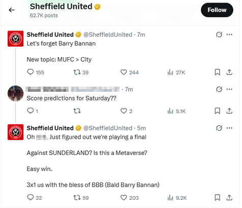 Screenshot of Sheffield United's X posts mentioning Barry Bannan.