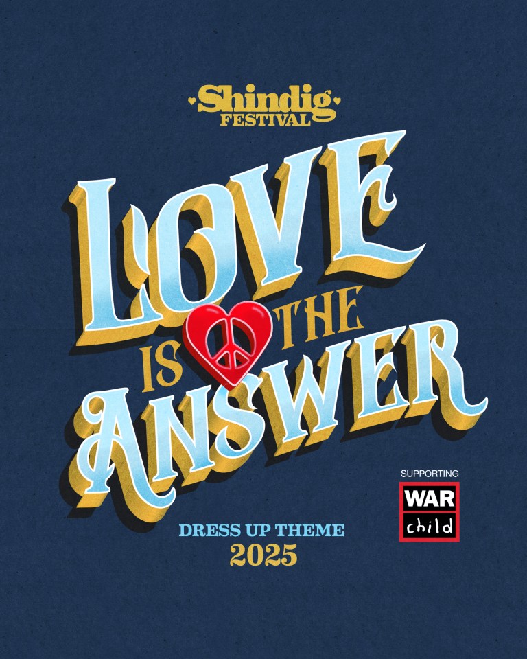 Illustration of Shindig Festival 2025 dress-up theme: Love is the Answer.  Supporting War Child.