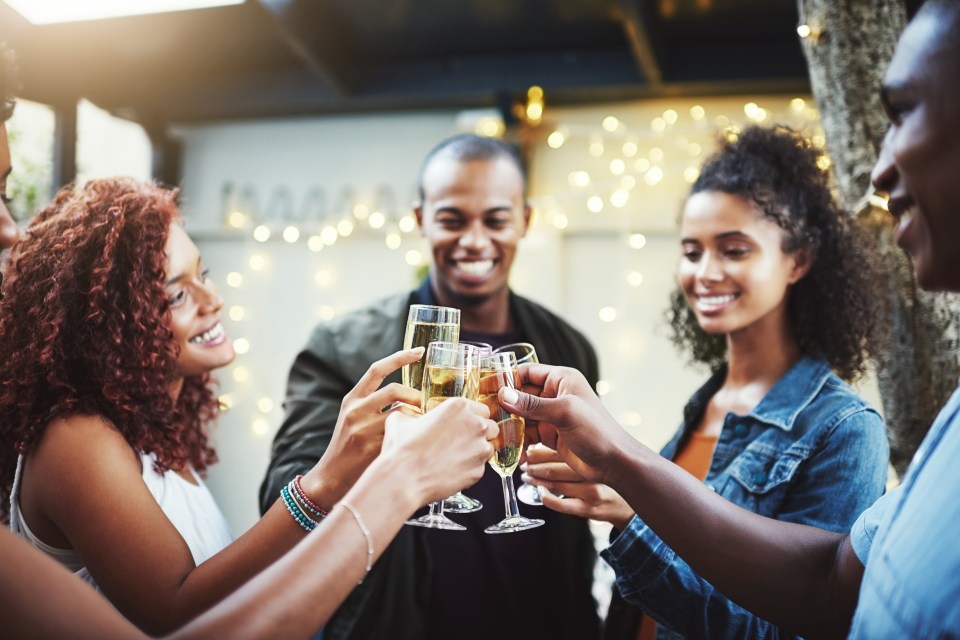Group of friends toasting with champagne flutes.