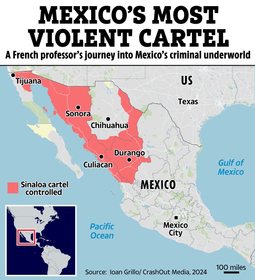 Map of Mexico showing Sinaloa cartel controlled areas.