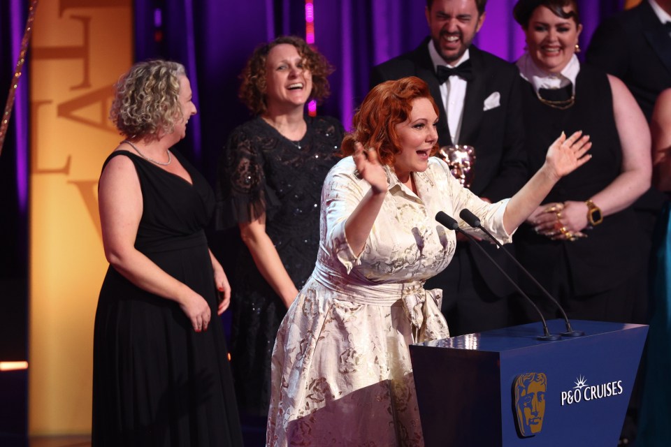 Sophie Willan and the cast and crew of "Alma's Not Normal" accepting a BAFTA award.