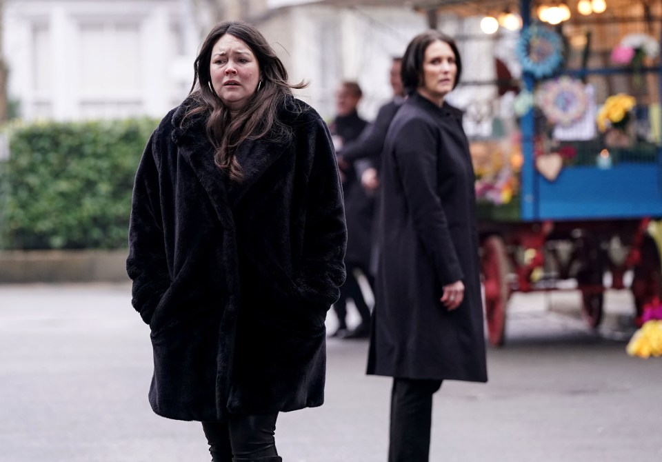 Stacey Slater and Eve Unwin at a funeral.