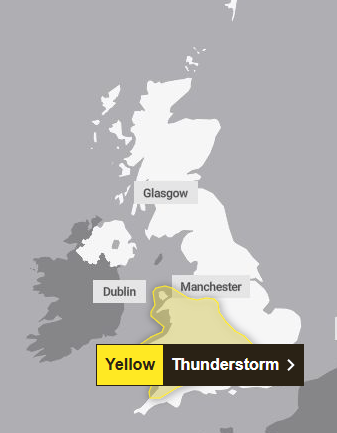 Map of the UK highlighting a yellow thunderstorm warning.