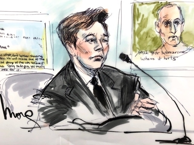 Court sketch of Elon Musk on the stand.