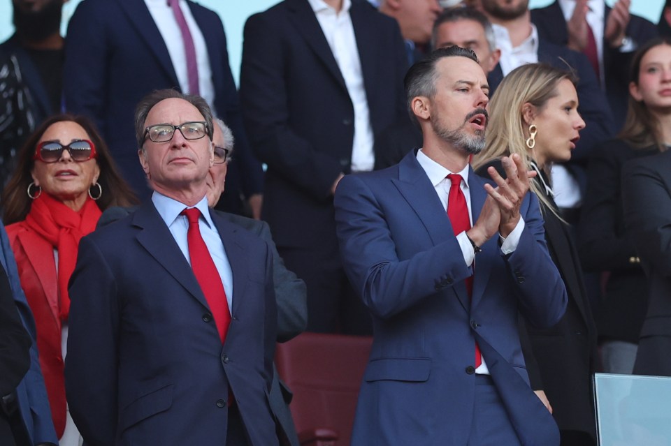 Tim Lewis, Executive Vice-Chair of Arsenal, and Josh Kroenke, Director of Arsenal, at a match.