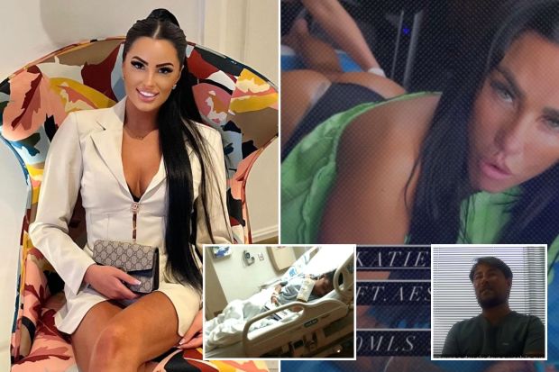 An image collage containing 4 images, Image 1 shows Woman in a white blazer and clear heels sitting on a patterned chair, Image 2 shows Katie Price at Lift Aesthetic, 500ml £1499, Image 3 shows Woman in hospital bed, Image 4 shows Man in scrubs sits in front of blinds