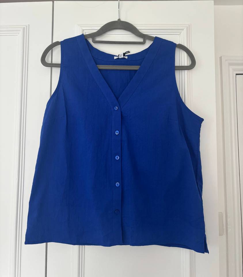 Royal blue sleeveless button-down top on a hanger.